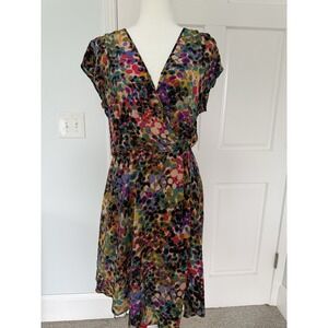 Flowy Silk Colorful Floral V-Neck Wrap Dress with Cap Sleeves large